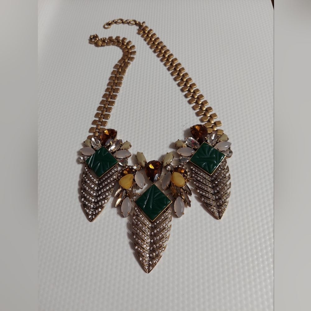 J. Crew Antique Gold Art Deco Faceted Stone, Crystal & Textured Lucite Necklace